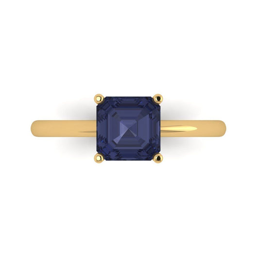 1.5 cttw Simulated Blue Sapphire Solitaire  Engagement Ring - Solid Yellow Gold (VVS1, Asscher Cut,6.5mm)