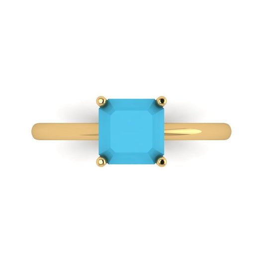 1.5 cttw Simulated Turquoise Solitaire  Engagement Ring - Solid Yellow Gold (VVS1, Asscher Cut,6.5mm)