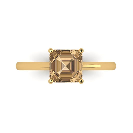 1.5 cttw Zirconia Simulated Champagne Diamond Solitaire  Engagement Ring - Solid Yellow Gold (VVS1, Asscher Cut,6.5mm)