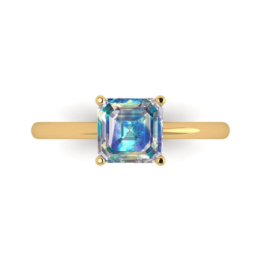 1.5 cttw Blue Moissanite Solitaire  Engagement Ring - Solid Yellow Gold (VVS1, Asscher Cut,6.5mm)
