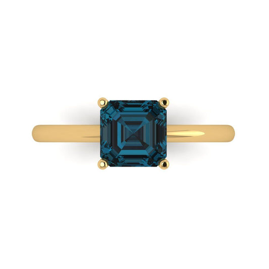 1.5 cttw Natural London Blue Topaz Solitaire  Engagement Ring - Solid Yellow Gold (VVS1, Asscher Cut,6.5mm)