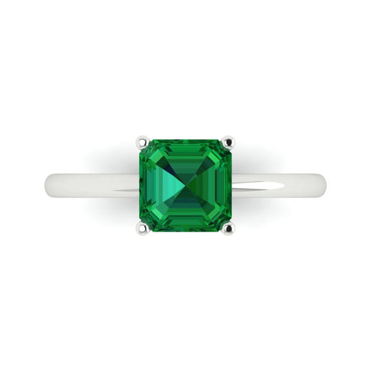 1.5 cttw Simulated Emerald Solitaire  Engagement Ring - Solid White Gold (VVS1, Asscher Cut,6.5mm)