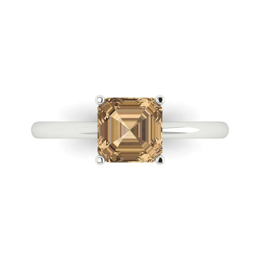 1.5 cttw Zirconia Simulated Champagne Diamond Solitaire  Engagement Ring - Solid White Gold (VVS1, Asscher Cut,6.5mm)
