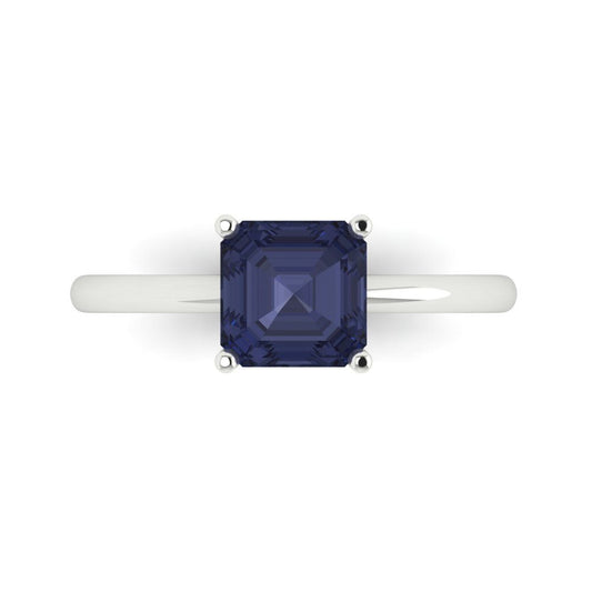 1.5 cttw Simulated Blue Sapphire Solitaire  Engagement Ring - Solid White Gold (VVS1, Asscher Cut,6.5mm)