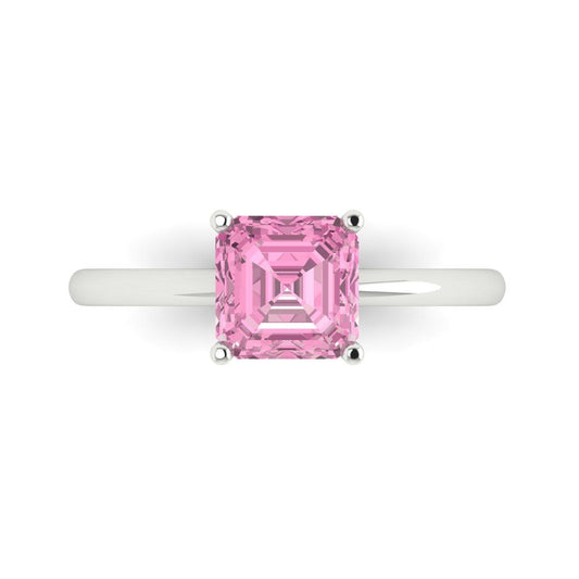 1.5 cttw Zirconia Simulated Pink Diamond Solitaire  Engagement Ring - Solid White Gold (VVS1, Asscher Cut,6.5mm)