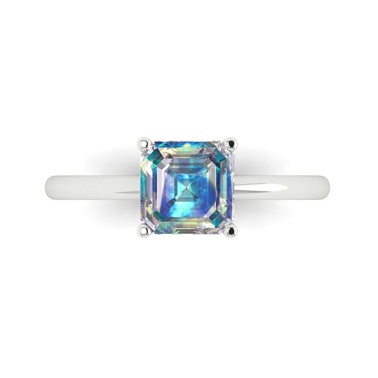 1.5 cttw Blue Moissanite Solitaire  Engagement Ring - Solid White Gold (VVS1, Asscher Cut,6.5mm)