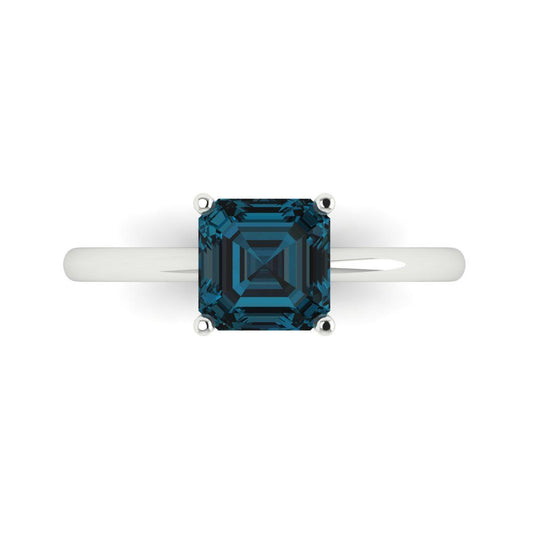 1.5 cttw Natural London Blue Topaz Solitaire  Engagement Ring - Solid White Gold (VVS1, Asscher Cut,6.5mm)