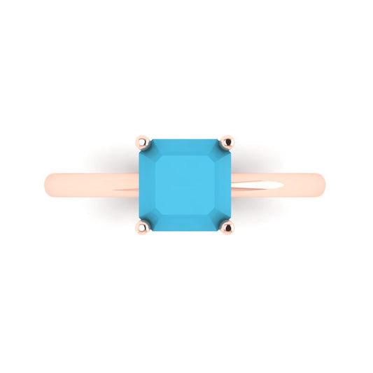 1.5 cttw Simulated Turquoise Solitaire  Engagement Ring - Solid Rose Gold (VVS1, Asscher Cut,6.5mm)