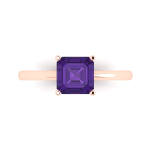 1.5 cttw Natural Amethyst Solitaire  Engagement Ring - Solid Rose Gold (VVS1, Asscher Cut,6.5mm)