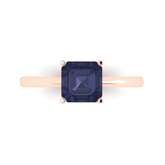 1.5 cttw Simulated Blue Sapphire Solitaire  Engagement Ring - Solid Rose Gold (VVS1, Asscher Cut,6.5mm)