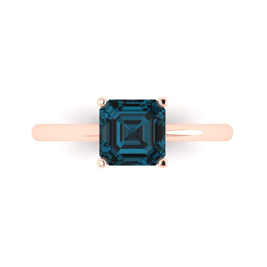 1.5 cttw Natural London Blue Topaz Solitaire  Engagement Ring - Solid Rose Gold (VVS1, Asscher Cut,6.5mm)