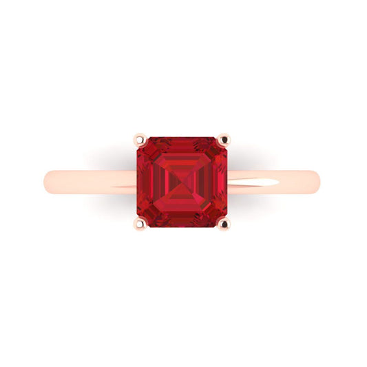 1.5 cttw Simulated Ruby Solitaire  Engagement Ring - Solid Rose Gold (VVS1, Asscher Cut,6.5mm)