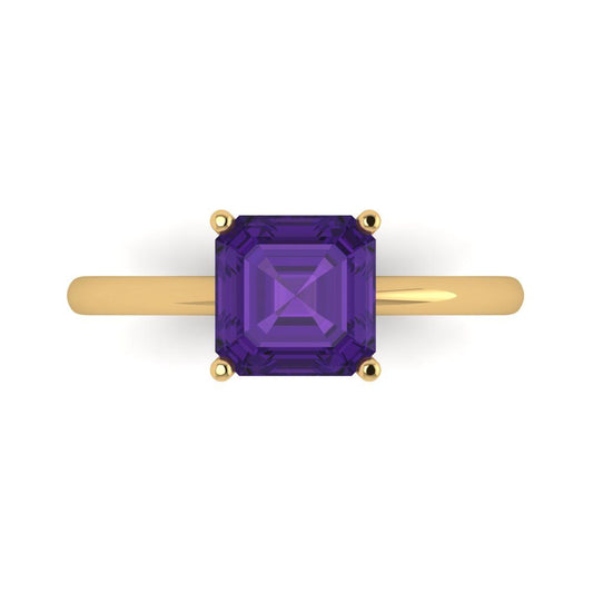2 cttw Natural Amethyst Solitaire  Engagement Ring - Solid Yellow Gold (VVS1, Asscher Cut,7.0mm)
