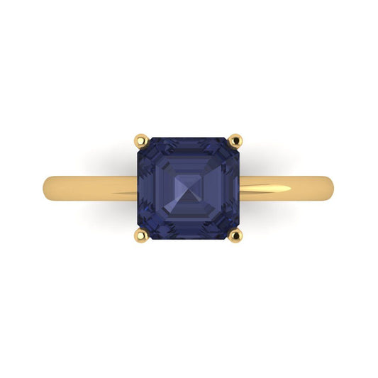 2 cttw Simulated Blue Sapphire Solitaire  Engagement Ring - Solid Yellow Gold (VVS1, Asscher Cut,7.0mm)