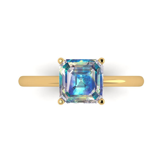 2 cttw Blue Moissanite Solitaire  Engagement Ring - Solid Yellow Gold (VVS1, Asscher Cut,7.0mm)