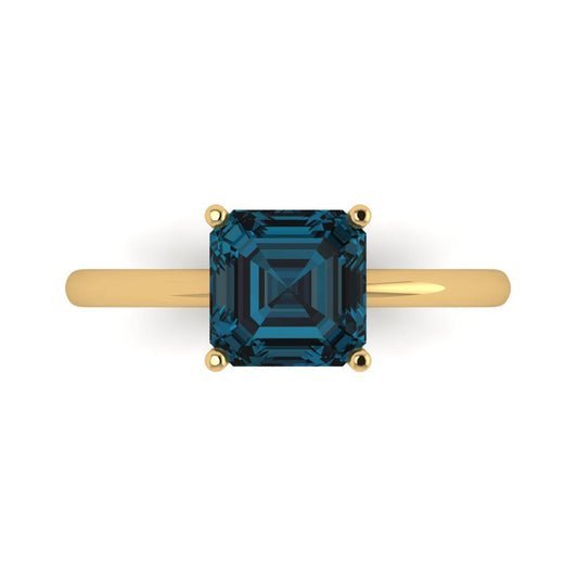 2 cttw Natural London Blue Topaz Solitaire  Engagement Ring - Solid Yellow Gold (VVS1, Asscher Cut,7.0mm)