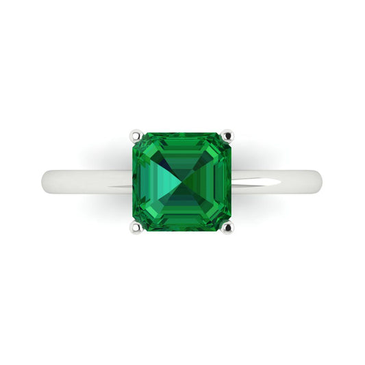 2 cttw Simulated Emerald Solitaire  Engagement Ring - Solid White Gold (VVS1, Asscher Cut,7.0mm)