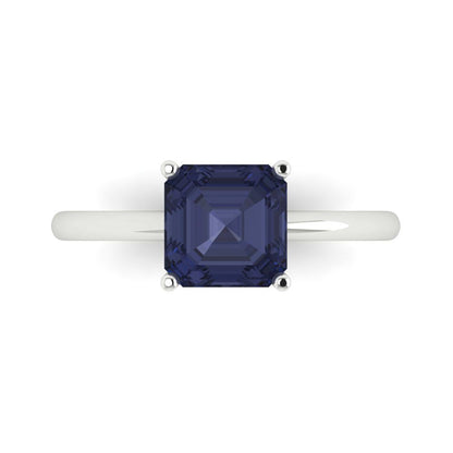 2 cttw Simulated Blue Sapphire Solitaire  Engagement Ring - Solid Gold (Asscher Cut,7.0mm)