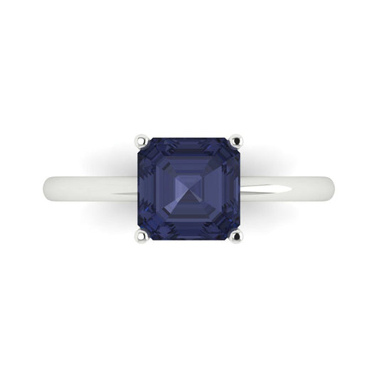 2 cttw Simulated Blue Sapphire Solitaire  Engagement Ring - Solid White Gold (VVS1, Asscher Cut,7.0mm)