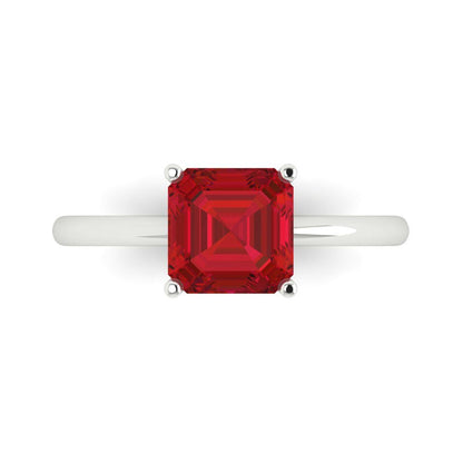 2 cttw Simulated Ruby Solitaire  Engagement Ring - Solid White Gold (VVS1, Asscher Cut,7.0mm)