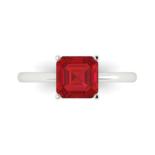 2 cttw Simulated Ruby Solitaire  Engagement Ring - Solid White Gold (VVS1, Asscher Cut,7.0mm)