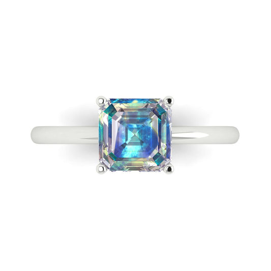 2 cttw Blue Moissanite Solitaire  Engagement Ring - Solid White Gold (VVS1, Asscher Cut,7.0mm)