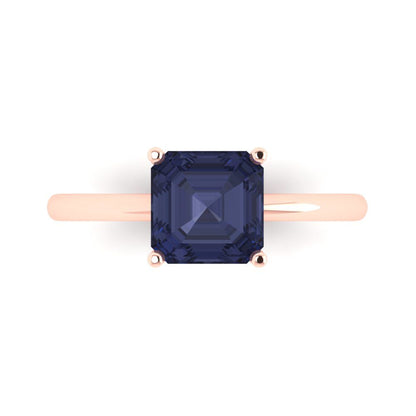 2 cttw Simulated Blue Sapphire Solitaire  Engagement Ring - Solid Rose Gold (VVS1, Asscher Cut,7.0mm)