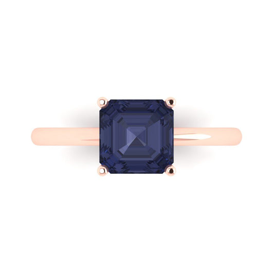 2 cttw Simulated Blue Sapphire Solitaire  Engagement Ring - Solid Rose Gold (VVS1, Asscher Cut,7.0mm)