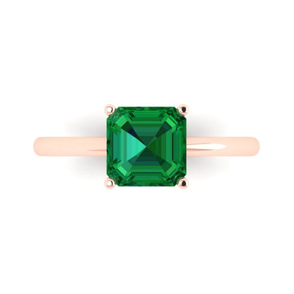 2 cttw Simulated Emerald Solitaire  Engagement Ring - Solid Rose Gold (VVS1, Asscher Cut,7.0mm)