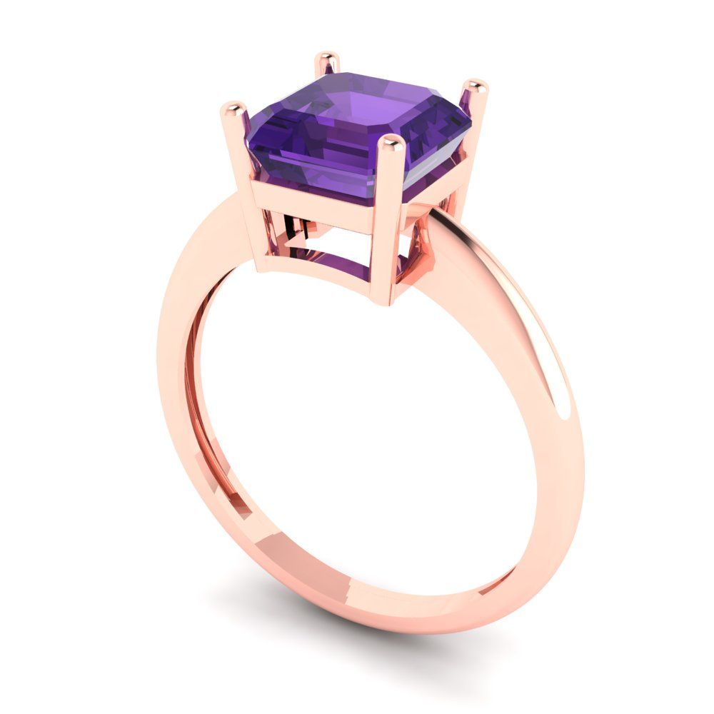 2 cttw Natural Amethyst Solitaire  Engagement Ring - Solid Rose Gold (VVS1, Asscher Cut,7.0mm)