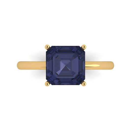 2.5 cttw Simulated Blue Sapphire Solitaire  Engagement Ring - Solid Yellow Gold (VVS1, Asscher Cut,8.0mm)