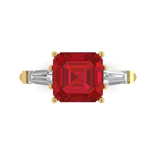 3 cttw Simulated Pink Tourmaline Three-Stone Engagement Ring - Solid Yellow Gold (VVS1, Asscher Cut,8.0mm)
