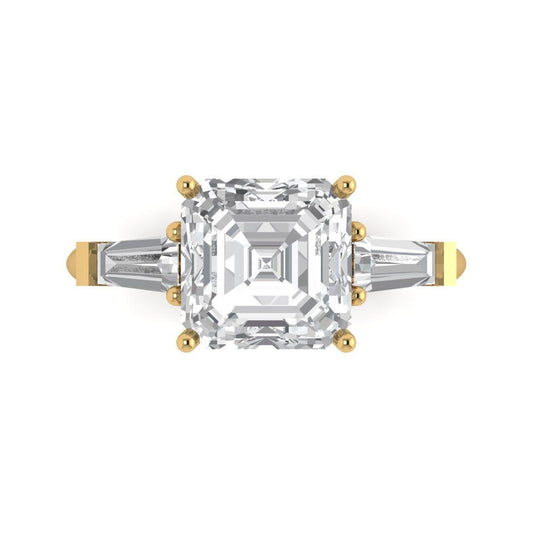 3 cttw Moissanite Three-Stone Engagement Ring - Solid Yellow Gold (VVS1, Asscher Cut,8.0mm)