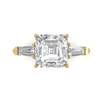 3.5 ct Brilliant Asscher Cut Natural Diamond Stone Clarity VS1-2 Color G-H Yellow Gold Three-Stone Ring