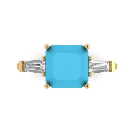 3 cttw Simulated Turquoise Three-Stone Engagement Ring - Solid Yellow Gold (VVS1, Asscher Cut,8.0mm)