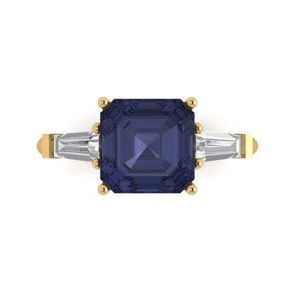 3 cttw Simulated Blue Sapphire Three-Stone Engagement Ring - Solid Gold (Asscher Cut,8.0mm)