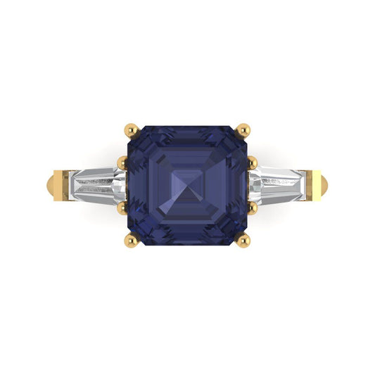 3 cttw Simulated Blue Sapphire Three-Stone Engagement Ring - Solid Yellow Gold (VVS1, Asscher Cut,8.0mm)