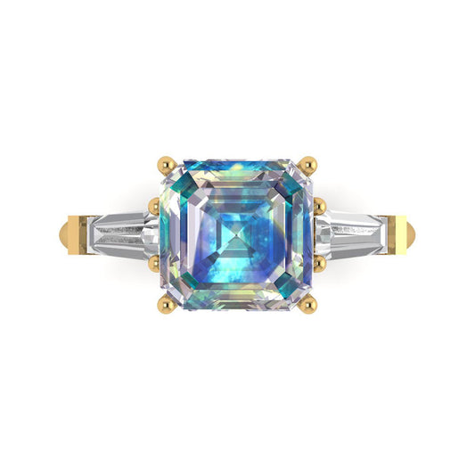 3 cttw Blue Moissanite Three-Stone Engagement Ring - Solid Yellow Gold (VVS1, Asscher Cut,8.0mm)