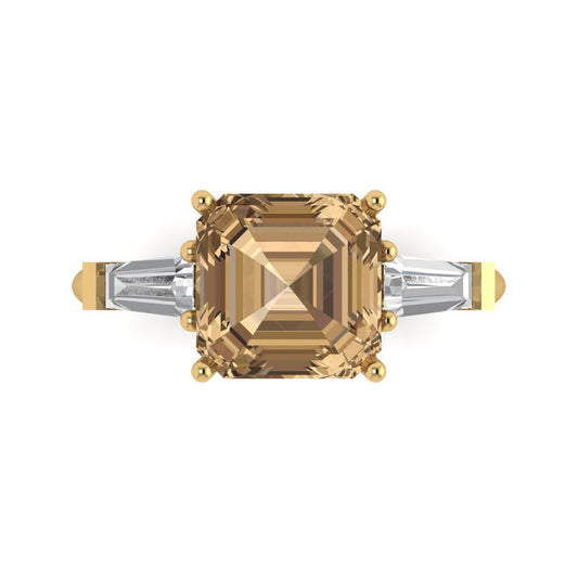 3 cttw Zirconia Simulated Champagne Diamond Three-Stone Engagement Ring - Solid Yellow Gold (VVS1, Asscher Cut,8.0mm)
