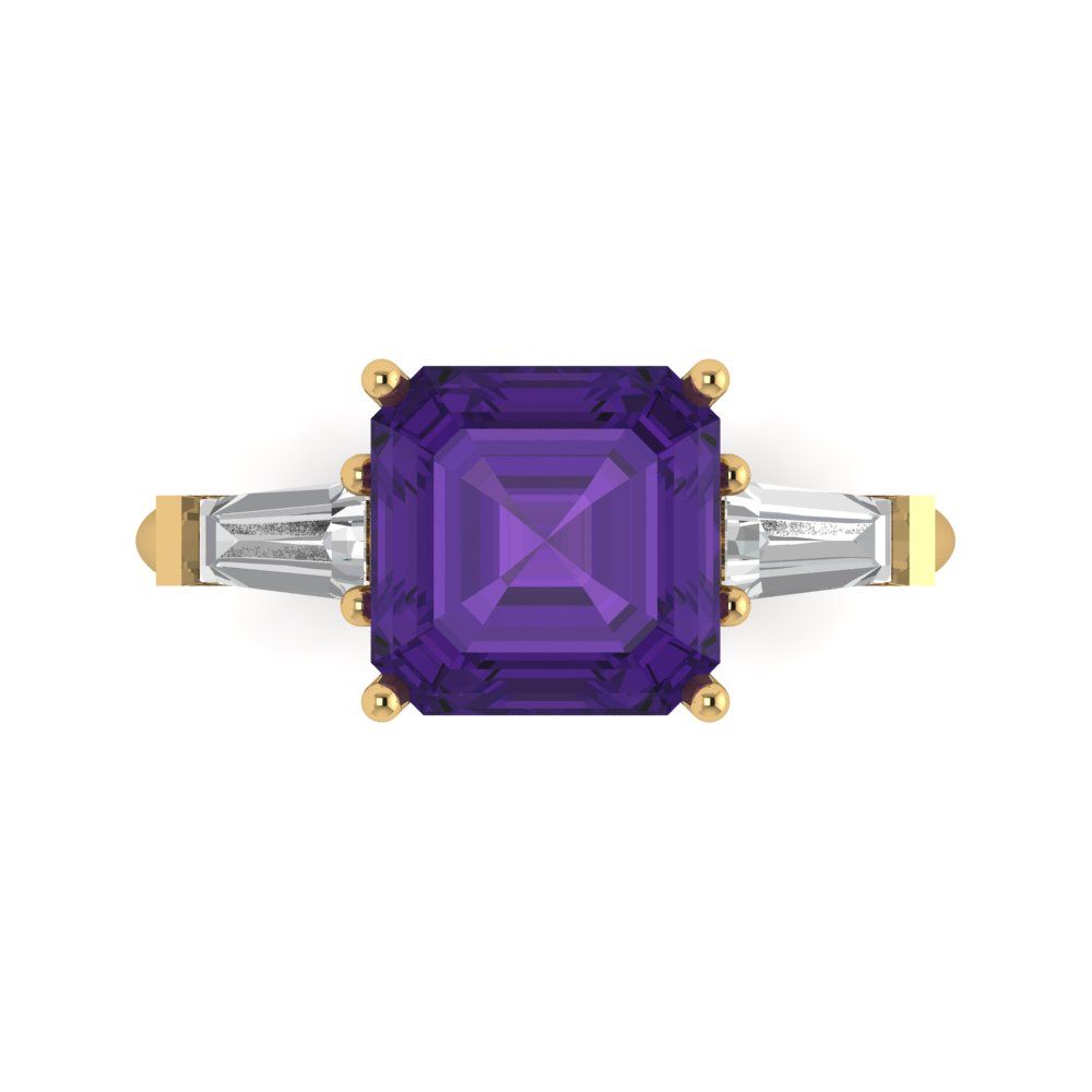 3 cttw Natural Amethyst Three-Stone Engagement Ring - Solid Yellow Gold (VVS1, Asscher Cut,8.0mm)