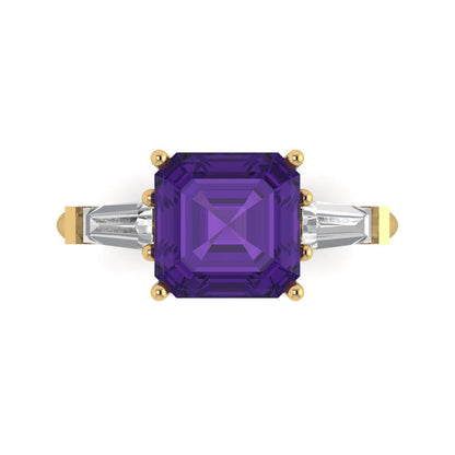 3 cttw Natural Amethyst Three-Stone Engagement Ring - Solid Yellow Gold (VVS1, Asscher Cut,8.0mm)