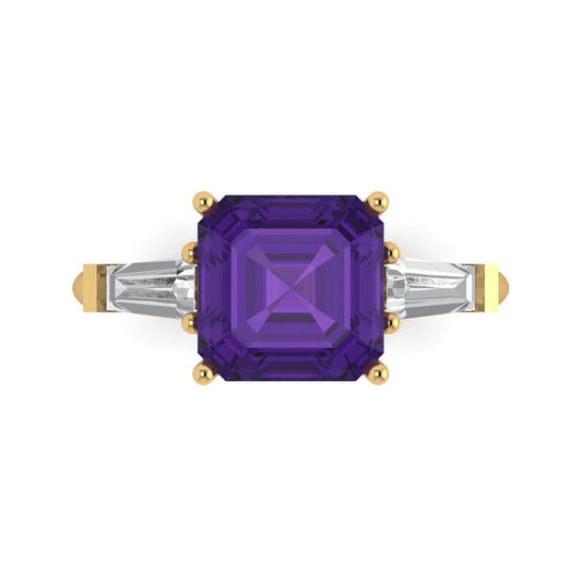 3 cttw Natural Amethyst Three-Stone Engagement Ring - Solid Yellow Gold (VVS1, Asscher Cut,8.0mm)