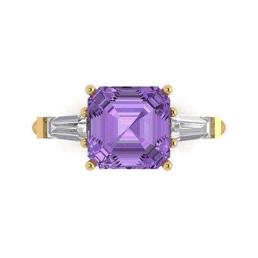 3 cttw Simulated Alexandrite Three-Stone Engagement Ring - Solid Yellow Gold (VVS1, Asscher Cut,8.0mm)