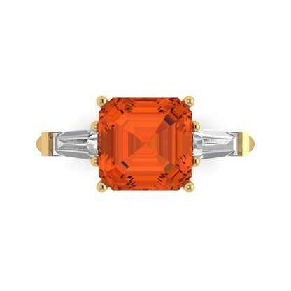 3 cttw Zirconia Simulated Red Diamond Three-Stone Engagement Ring - Solid Gold (VVS1, Asscher Cut,8.0mm)