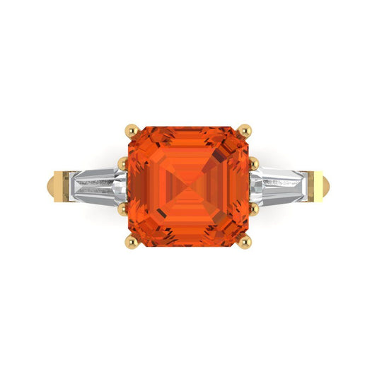 3 cttw Zirconia Simulated Red Diamond Three-Stone Engagement Ring - Solid Yellow Gold (VVS1, Asscher Cut,8.0mm)