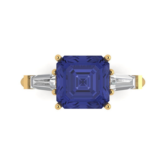 3 cttw Simulated Tanzanite Three-Stone Engagement Ring - Solid Yellow Gold (VVS1, Asscher Cut,8.0mm)