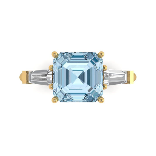 3 cttw Natural Aquamarine Three-Stone Engagement Ring - Solid Yellow Gold (VVS1, Asscher Cut,8.0mm)