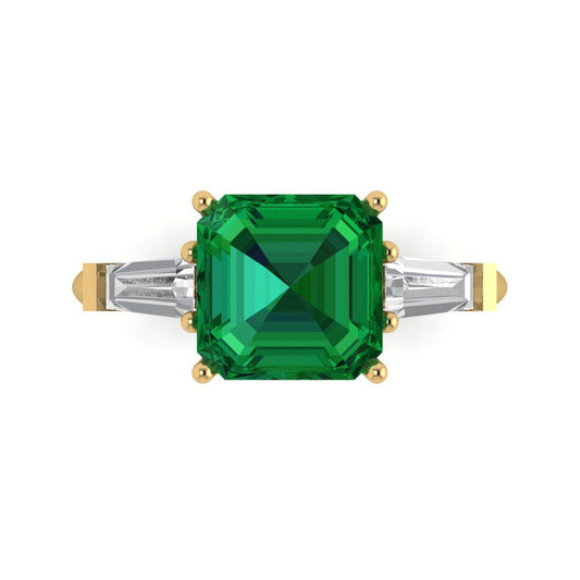 3 cttw Simulated Emerald Three-Stone Engagement Ring - Solid Yellow Gold (VVS1, Asscher Cut,8.0mm)