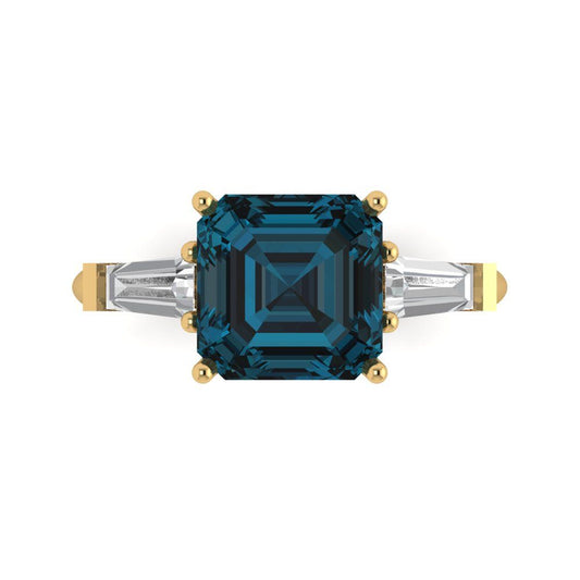 3 cttw Natural London Blue Topaz Three-Stone Engagement Ring - Solid Yellow Gold (VVS1, Asscher Cut,8.0mm)