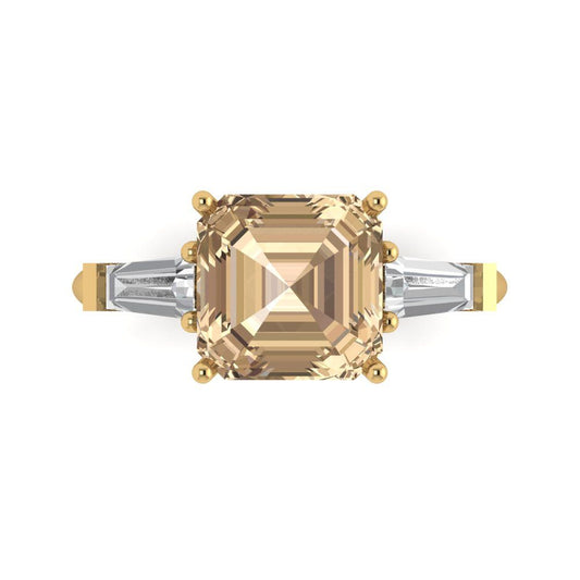 3 cttw Yellow Moissanite Three-Stone Engagement Ring - Solid Yellow Gold (VVS1, Asscher Cut,8.0mm)
